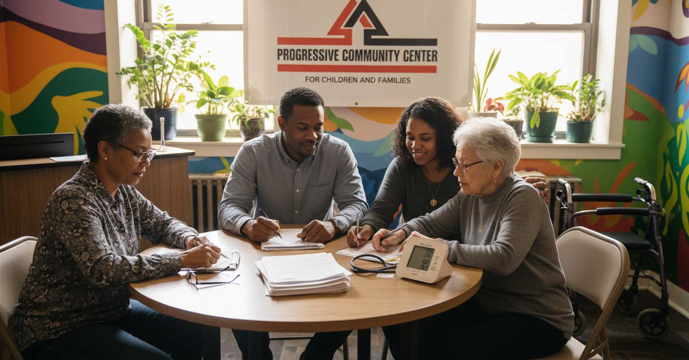 Senior receiving assistance with benefits and support