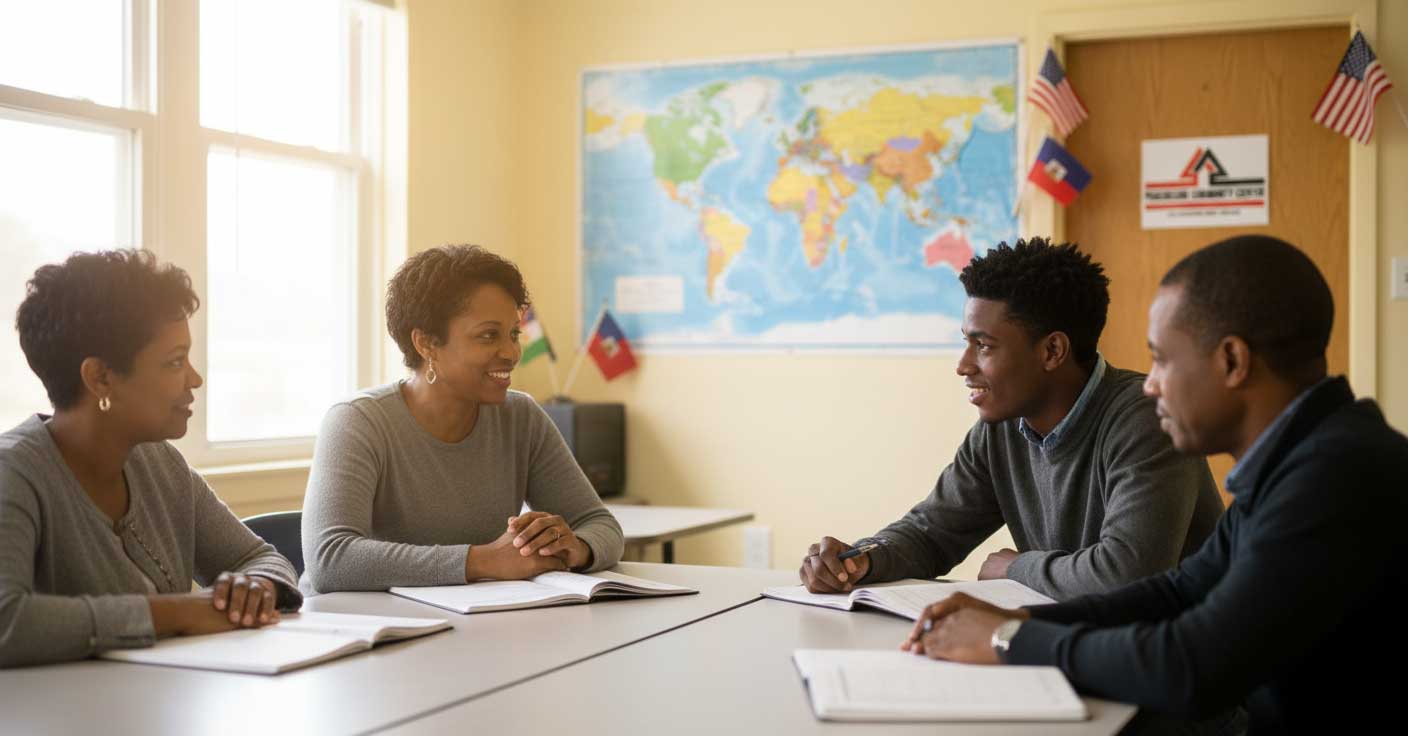 Immigrants attending a naturalization and citizenship class