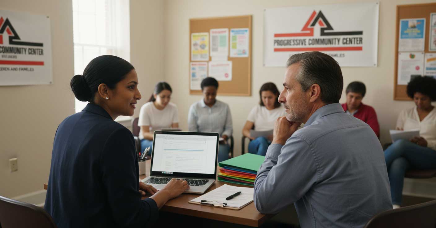 Case manager assisting a community member with resources