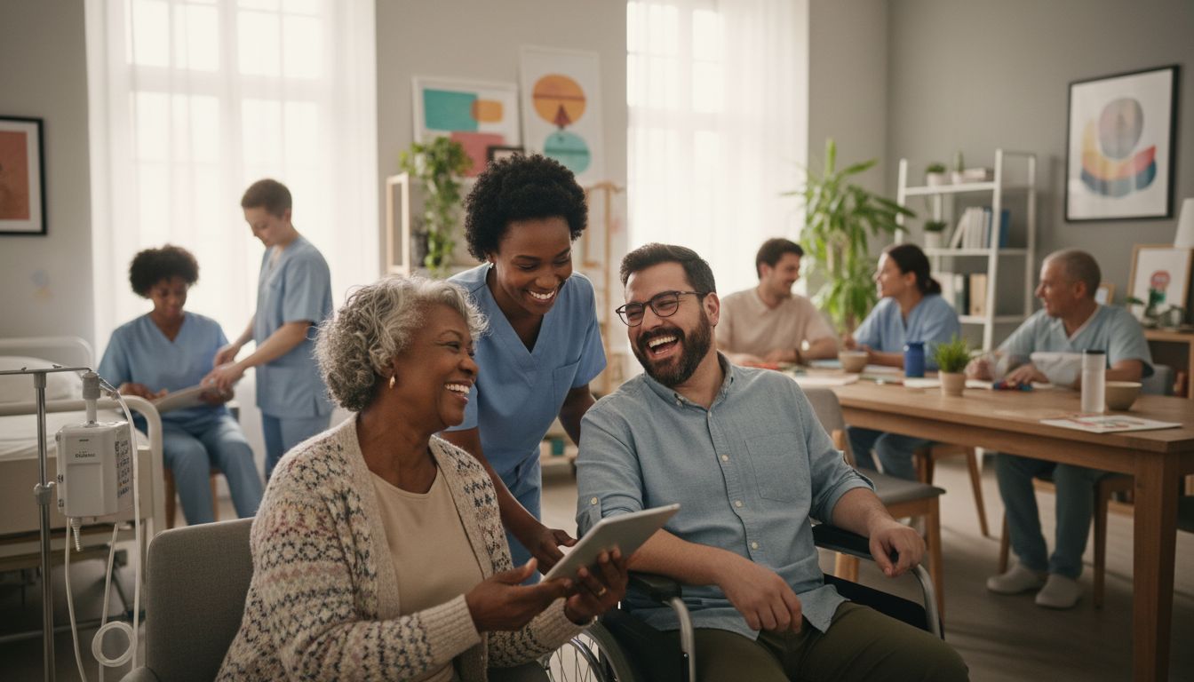 Senior and caregiver reviewing options at home